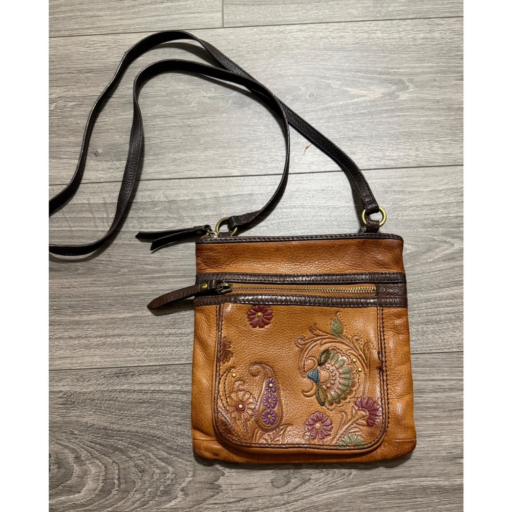 Vintage‎ Fossil Leather Crossbody Bag Brown Tooled Embossed Floral Paisley Y2K